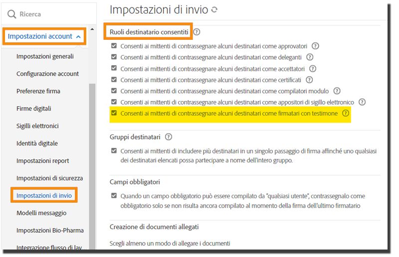 Il menu di amministrazione Impostazioni di invio con il controllo &quot;Consenti ai mittenti di contrassegnare i destinatari come firmatari con testimone&quot; in evidenza.