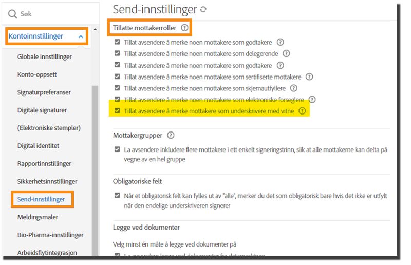 Administratormenyen for sendingsinnstillinger med kontrollen «Tillat avsendere å merke mottakere som underskrivere med vitne» uthevet.