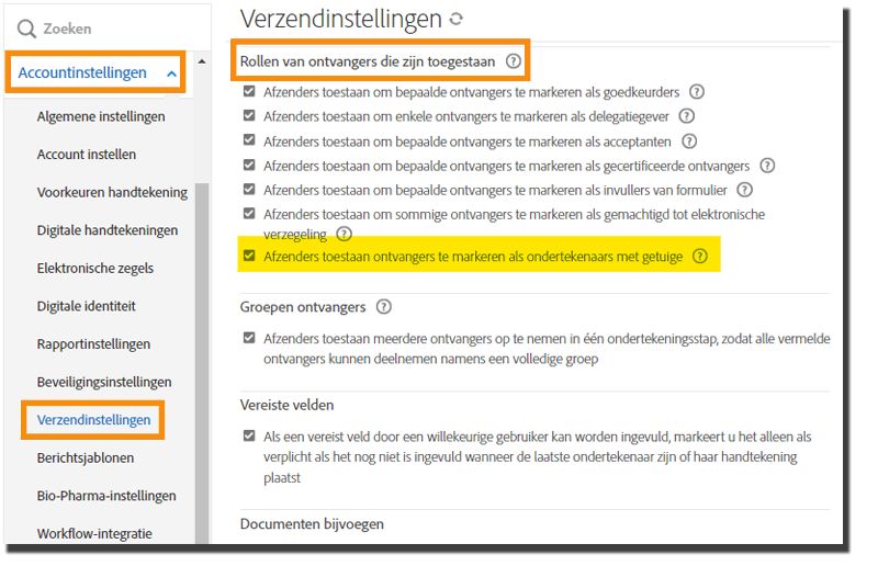 Het beheermenu Verzendinstellingen met het besturingselement Afzenders toestaan ontvangers te markeren als ondertekenaars met getuige gemarkeerd.