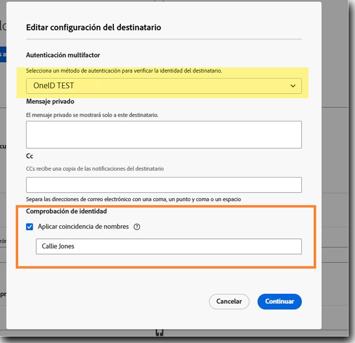 Vista de los remitentes de la configuración del destinatario cuando se permite la comprobación de nombre