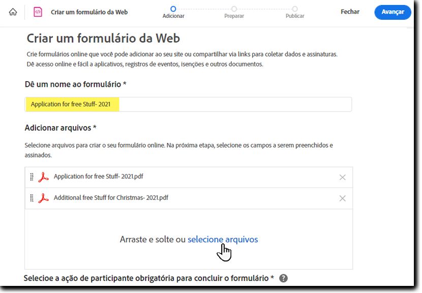 Adicionar arquivos de formulário