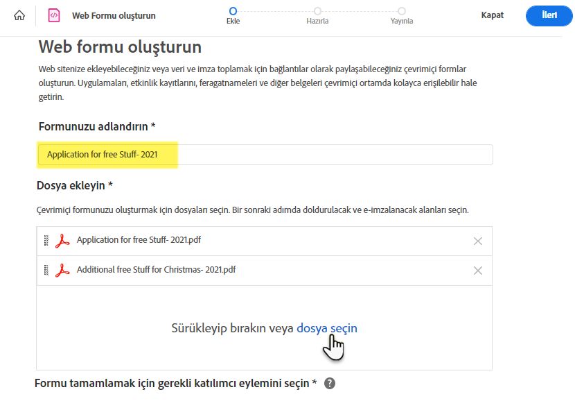 Form dosyaları ekleyin