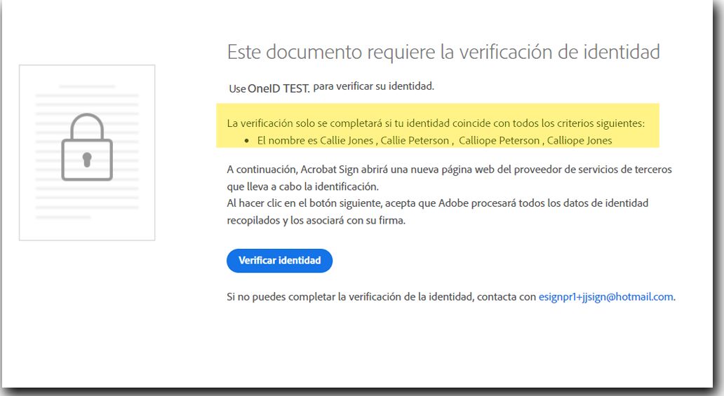 La página de comprobación de ID cuando la política de comprobación de nombre está habilitada y se han proporcionado varios nombres.