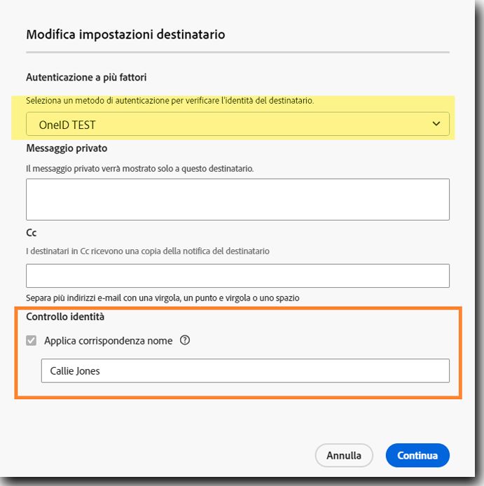 Visualizzazione per i mittenti delle impostazioni del destinatario quando è richiesto il controllo del nome