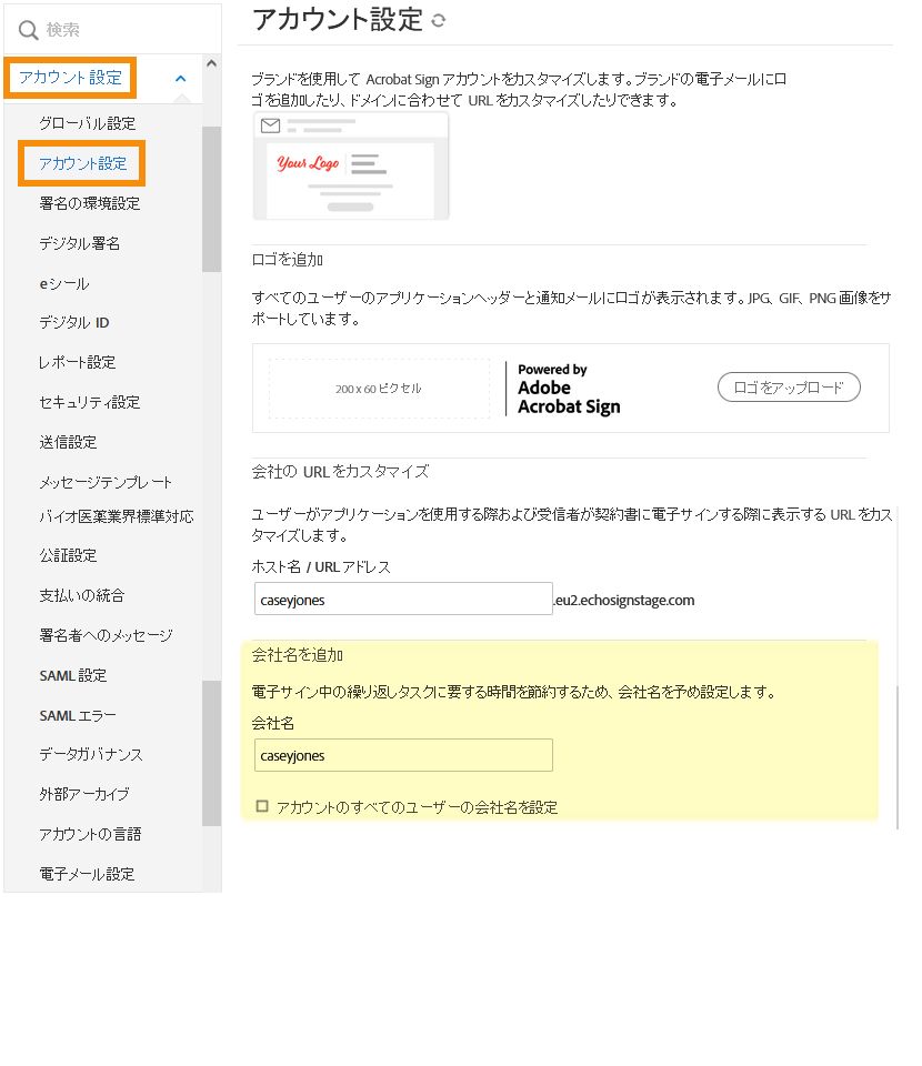 「アカウント設定」タブの「会社名」コントロールに移動する