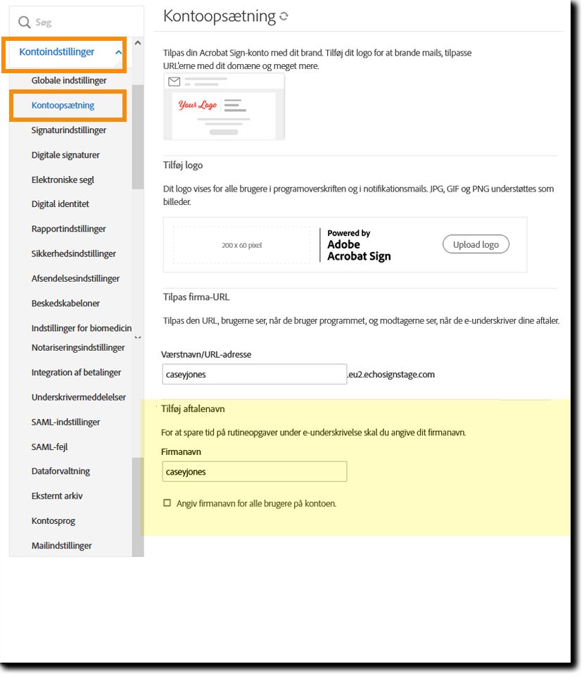 Gå til Firmanavn-indstillinger på fanen Kontoopsætning