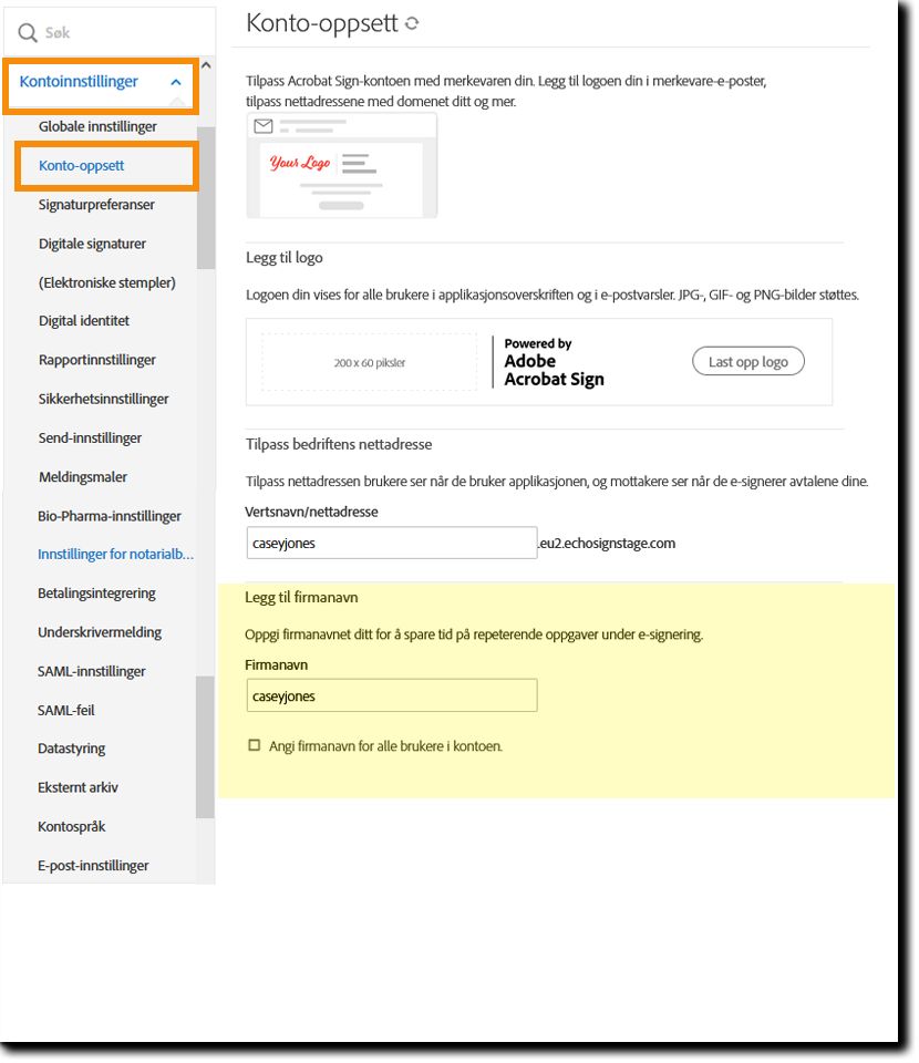 Gå til Firmanavn-kontrollene i Kontooppsett-fanen.