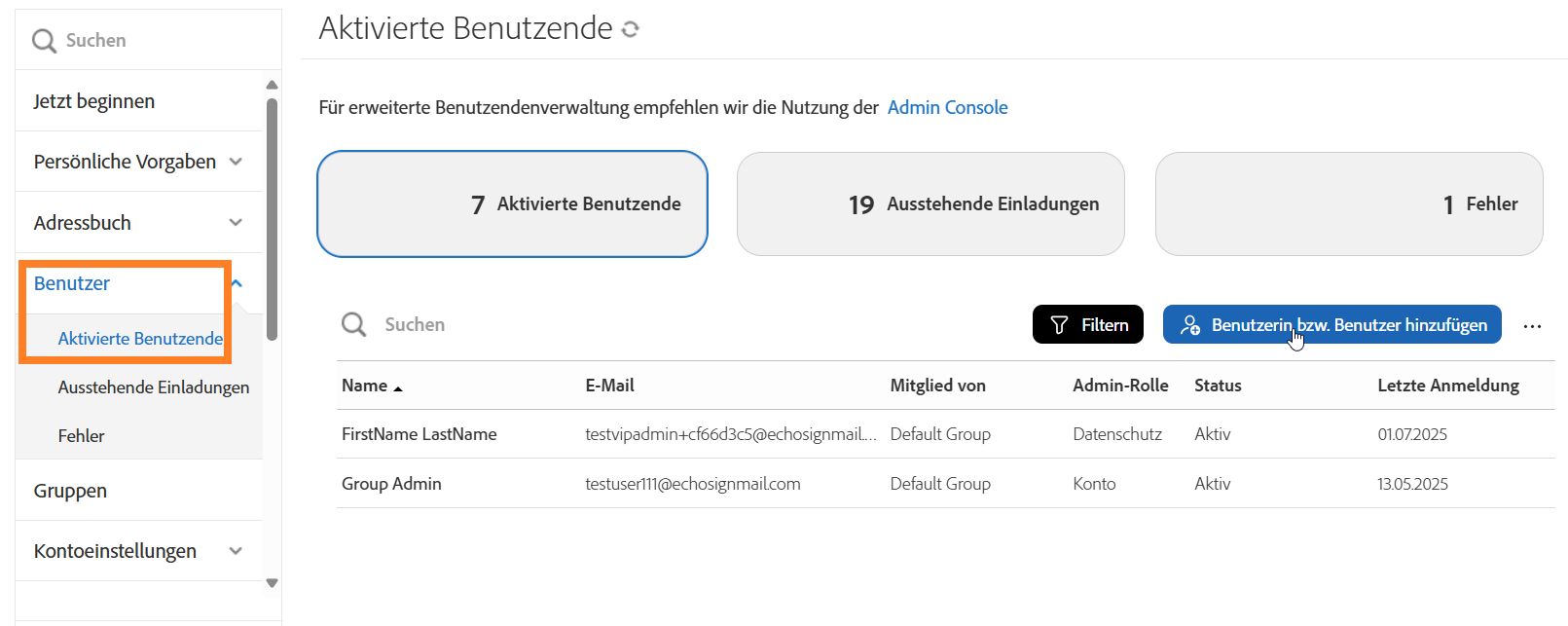 Die Seite „Aktivierte Benutzende“ mit hervorgehobener Schaltfläche „Benutzende hinzufügen“.