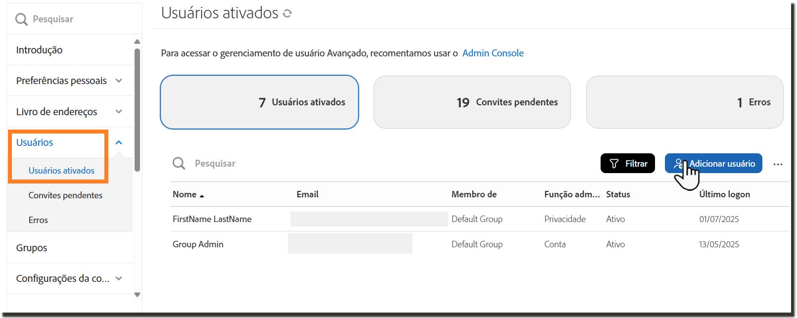 A página “Usuários ativados”, com o botão “Adicionar usuário” realçado.