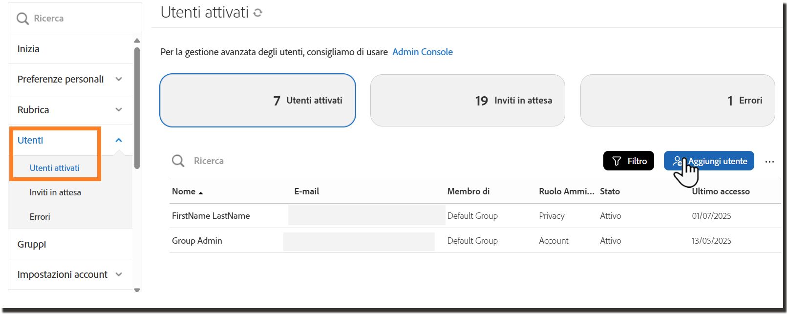 Pagina Utenti attivati con il pulsante Aggiungi utente evidenziato.