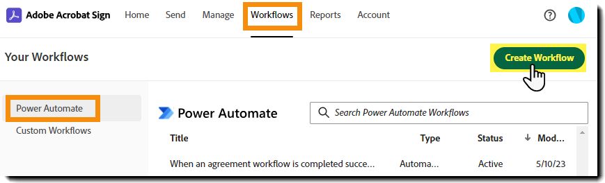 Etapas da navegação para a página Criar fluxo de trabalho do Power Automate.