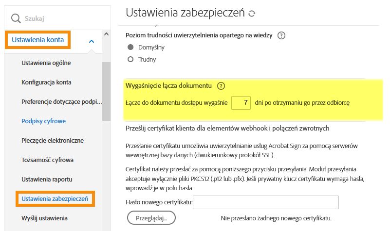 Elementy sterujące służące do konfigurowania czasu wygaśnięcia publicznych adresów URL