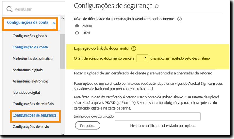 Controles de configuração do tempo de validade das URLs públicas