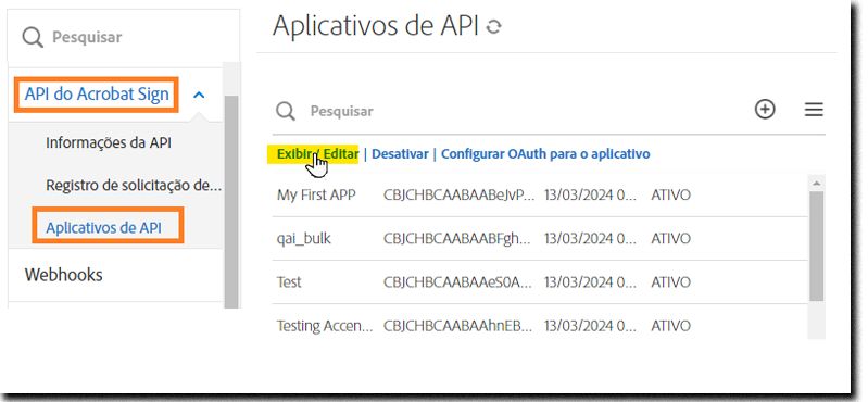 A página Aplicativo de API com o aplicativo selecionado e as ações expostas.