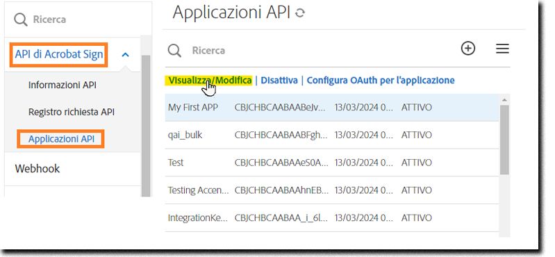 Pagina Applicazione API con l’applicazione selezionata e le azioni visualizzate.