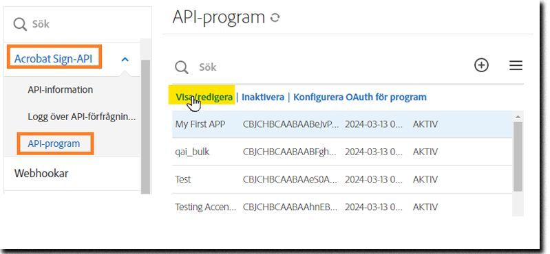 Sidan API-program med det valda programmet och åtgärderna exponerade.