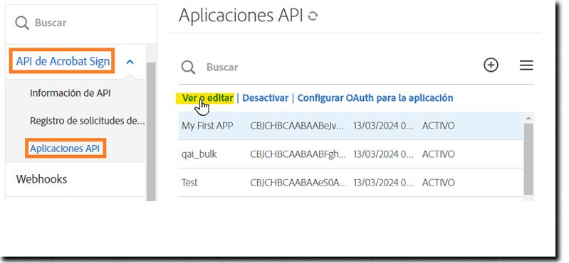 La página Aplicación de API con la aplicación seleccionada y las acciones expuestas.