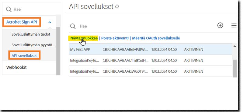 API-sovellussivu, jolla sovellus on valittu ja toiminnot on tuotu näyttöön.