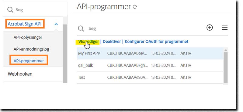 API-programsiden med det valgte program og de viste handlinger.