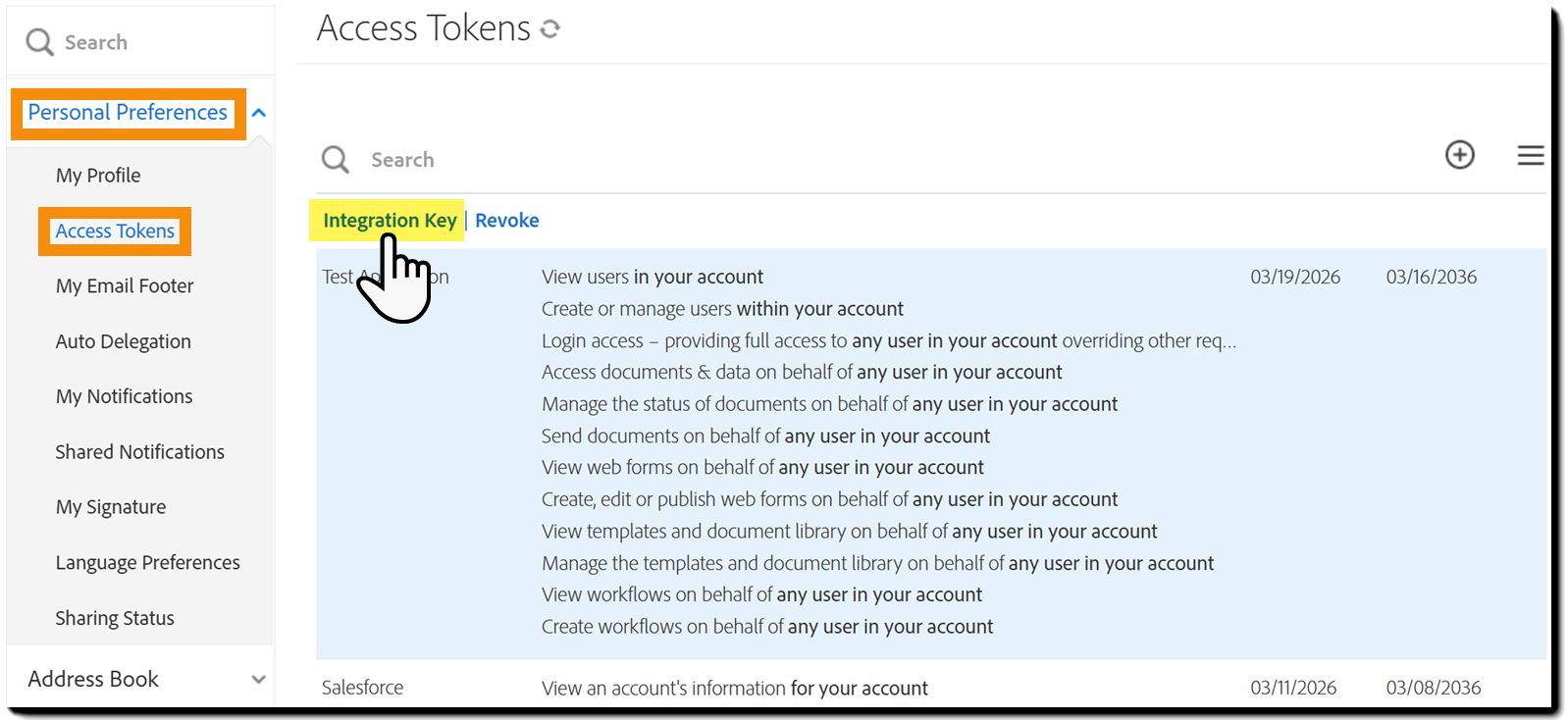 Wybrany klucz integracji na liście Access Tokens z widocznymi akcjami Integration Key i Revoke poniżej pola wyszukiwania.