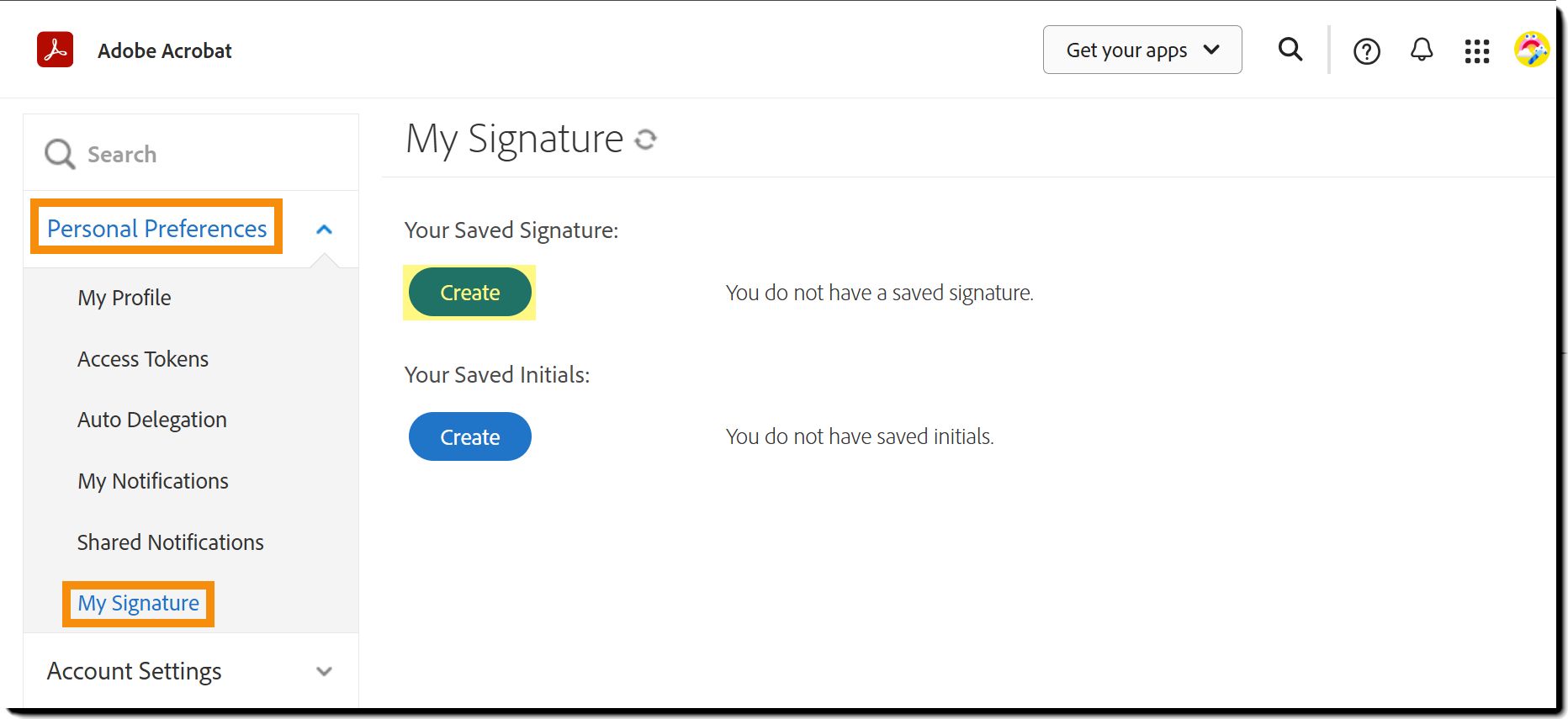 Menu Préférences personnelles d’Acrobat Sign avec l’option Ma signature en surbrillance