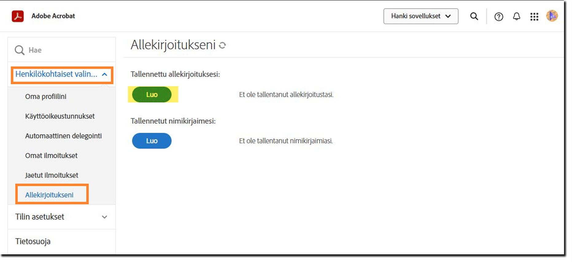 Acrobat Signin henkilökohtaiset asetukset -valikko, jossa Oma allekirjoitus -vaihtoehto on korostettuna.