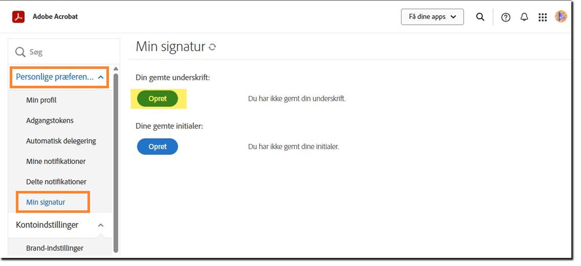 Menuen Personlige præferencer i Acrobat Sign med indstillingen Min signatur fremhævet.