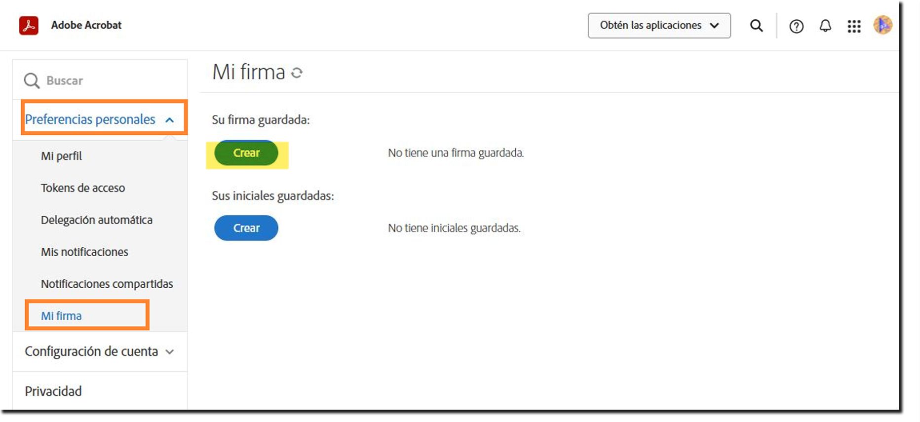 Menú de preferencias personales de Acrobat Sign con la opción Mi firma resaltada.