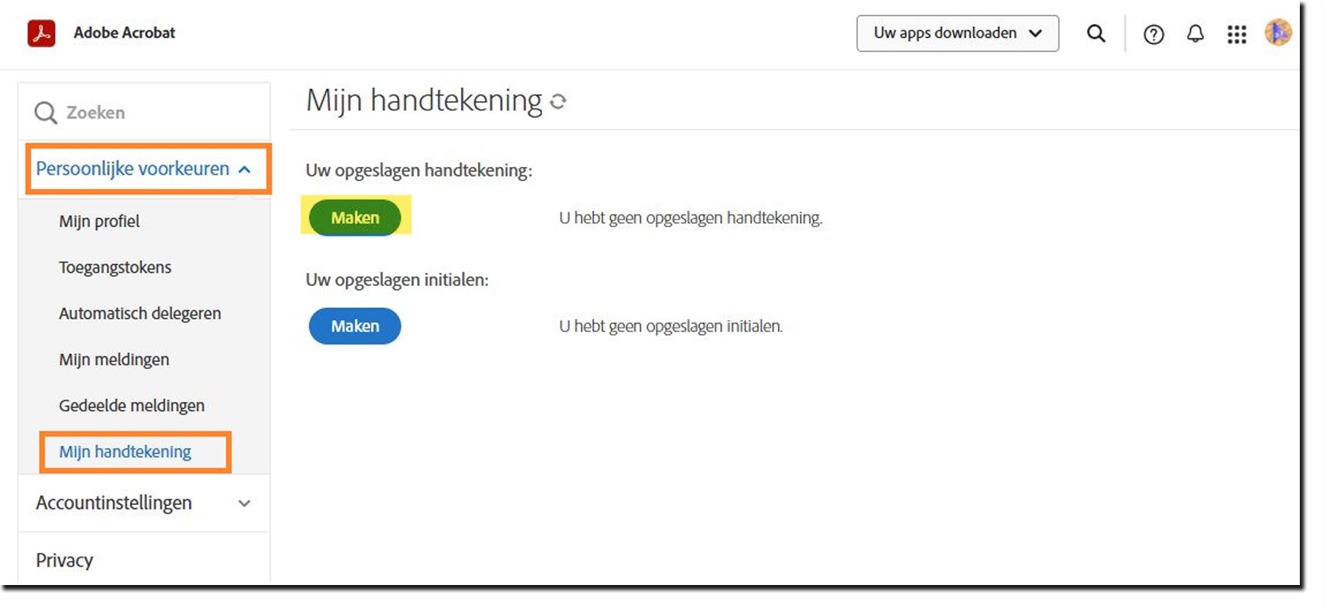 Het Acrobat Sign-menu voor persoonlijke voorkeuren met de optie Mijn handtekening gemarkeerd.