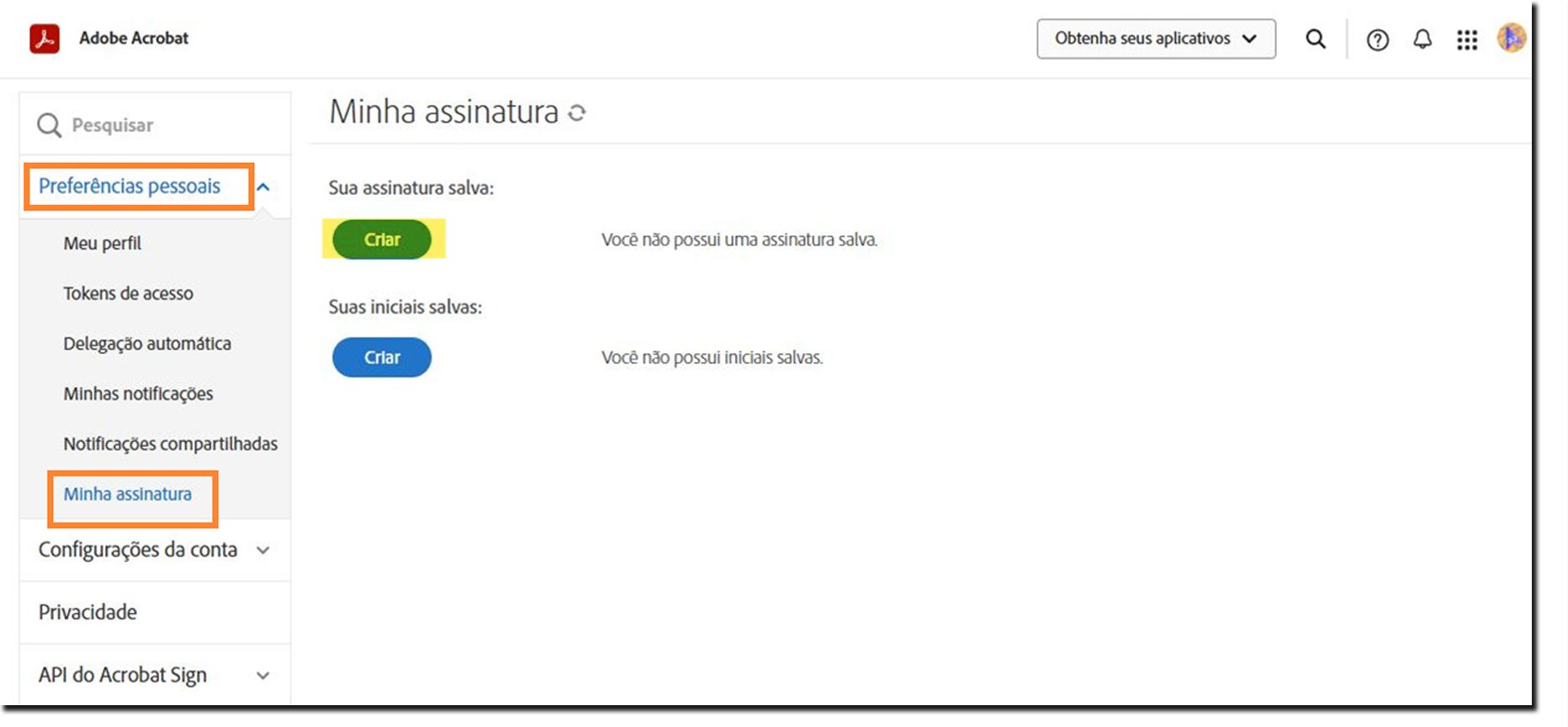 O menu de preferências pessoais do Acrobat Sign com a opção Minha assinatura realçada.