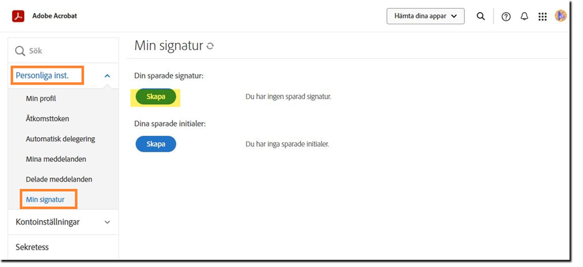 Acrobat Signs meny för personliga inställningar med alternativet Min signatur markerat.