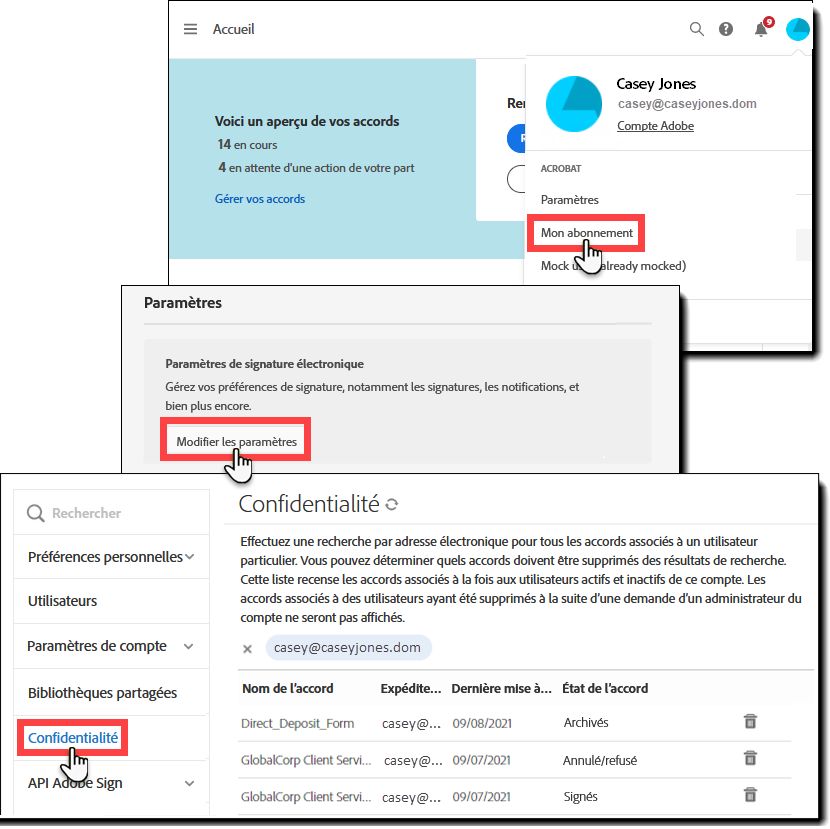 Accès à la section Confidentialité