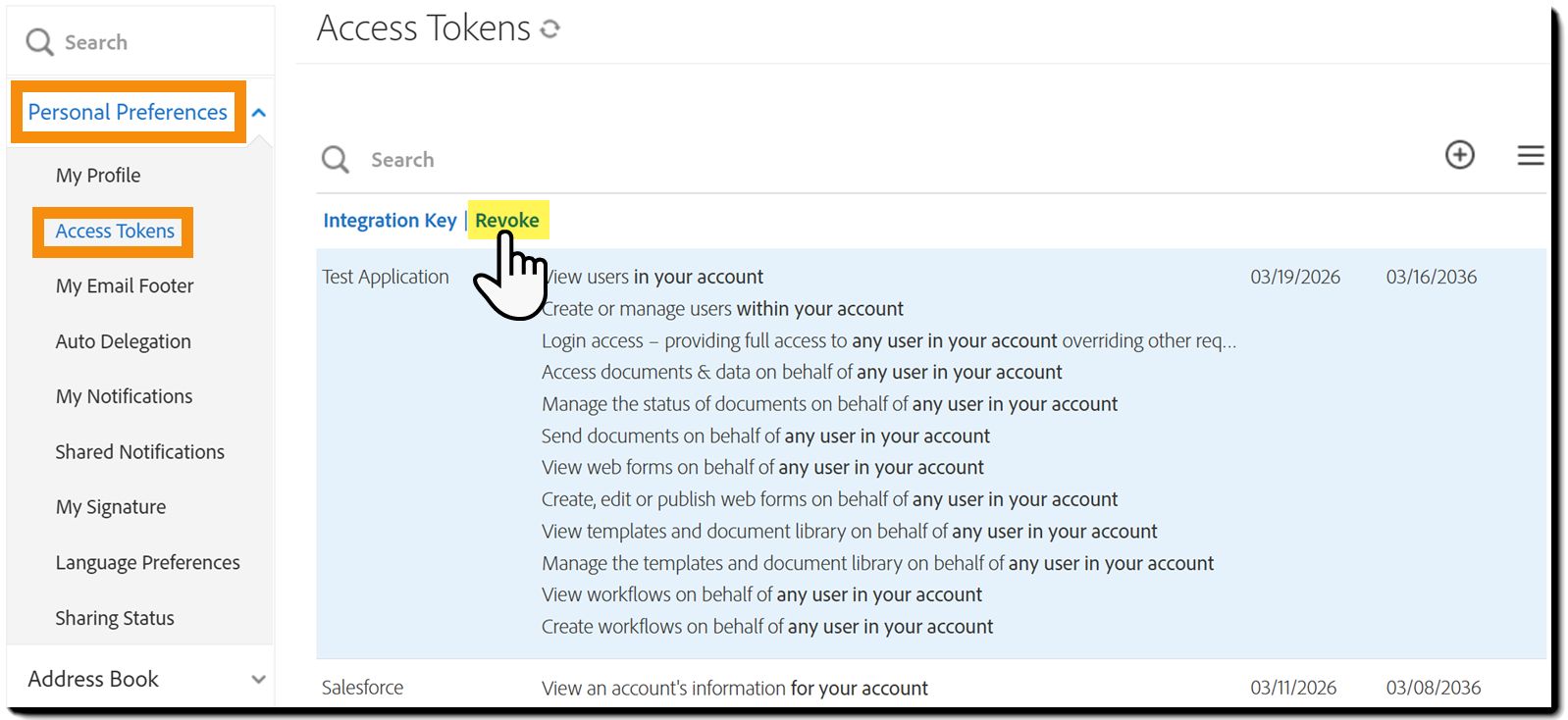 Chiave di integrazione selezionata nell'elenco token di accesso con le azioni Chiave di integrazione e Revoca visibili sotto il campo di ricerca.