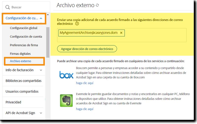 Vaya a los controles de archivado externo para cuentas de usuario individuales