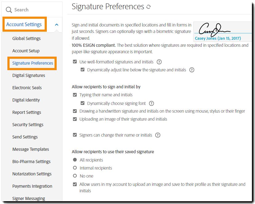 Configure signature preferences