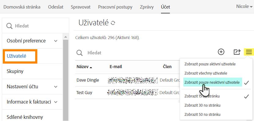 Přejděte na uživatele a vyberte neaktivní uživatele