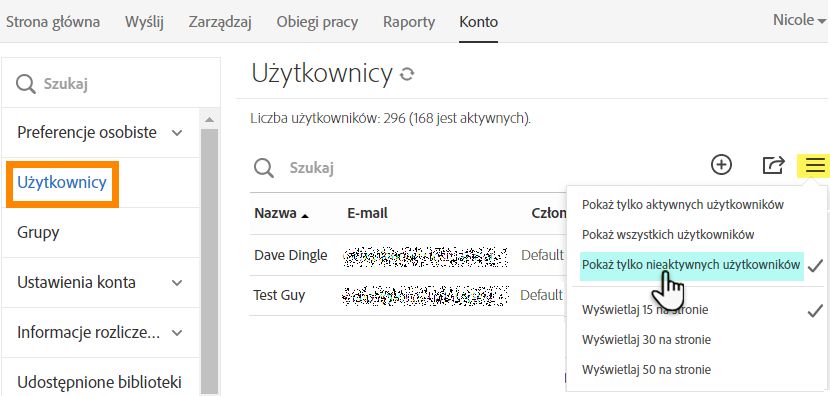 Przejdź do karty Użytkownicy i wybierz nieaktywnych użytkowników
