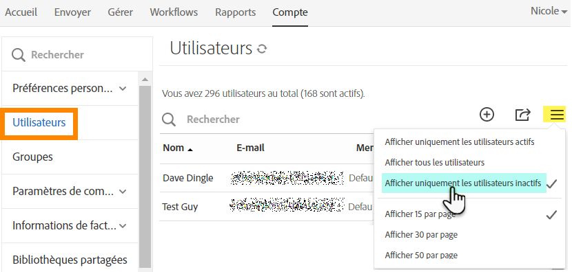 Accédez à Utilisateurs et sélectionnez les utilisateurs inactifs
