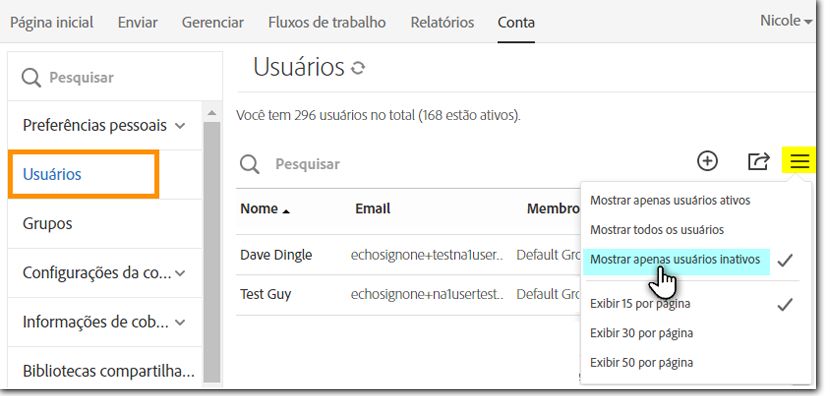 Navegue até Usuários e selecione os usuários inativos