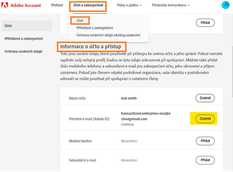 Část s informacemi o účtu se zvýrazněným tlačítkem Změnit