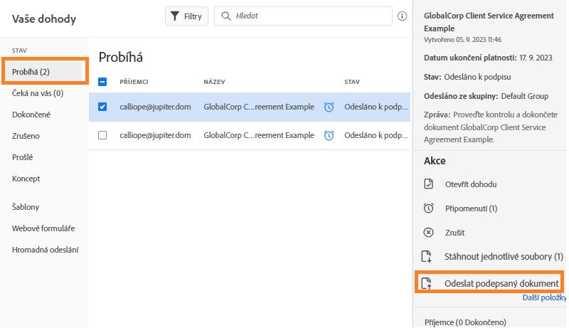 Klikněte na akci Nahrát podepsaný dokument
