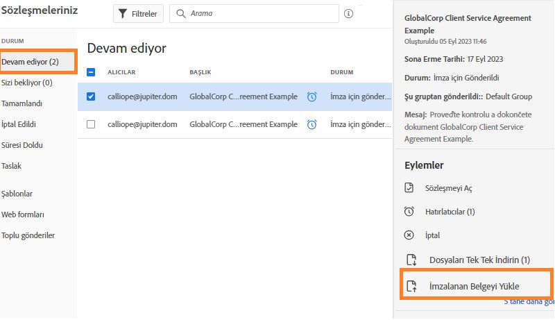 İmzalanan belgeyi yükle eylemini tıklatın