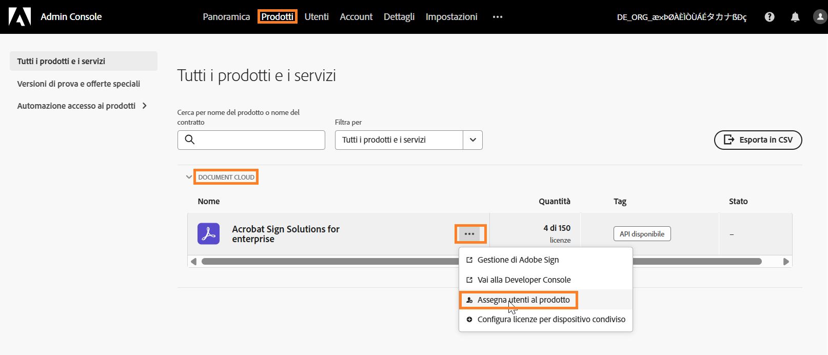 La pagina Prodotti che evidenzia il servizio Acrobat Sign
