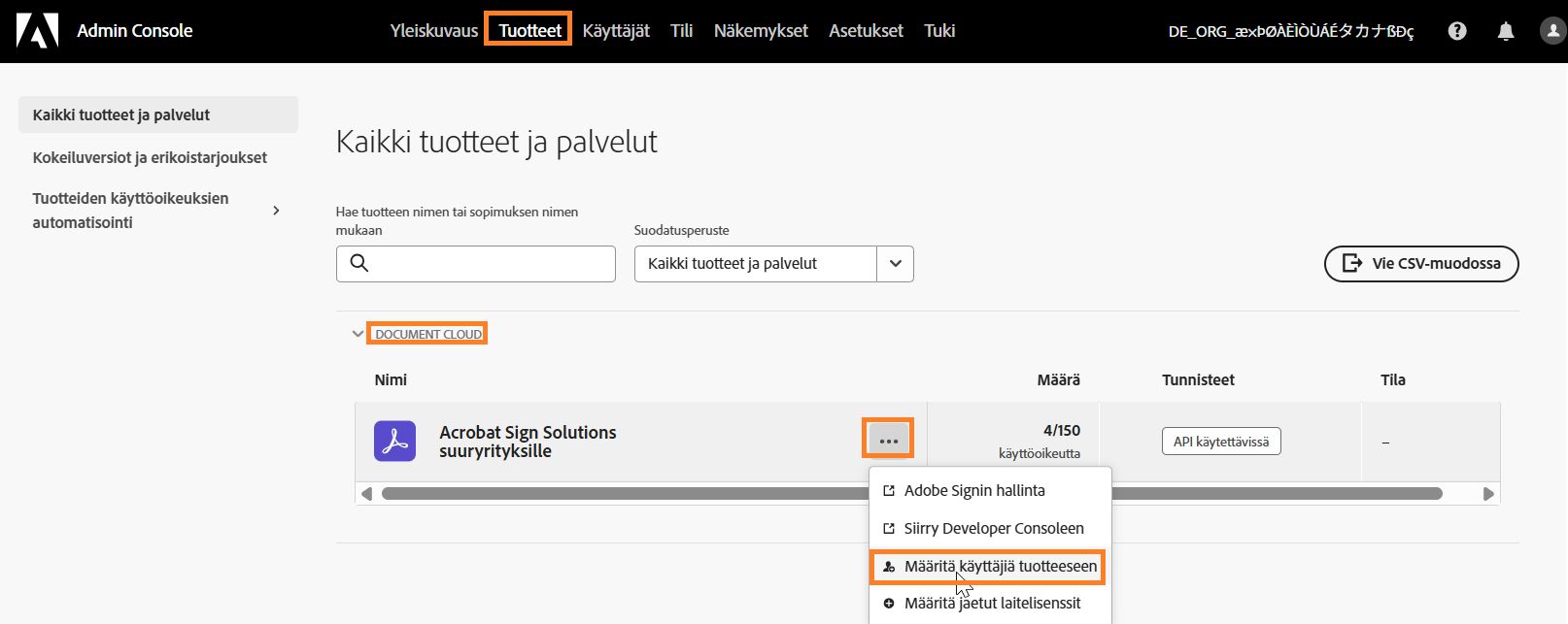 Tuotesivu, jossa Acrobat Sign -palvelu on korostettuna
