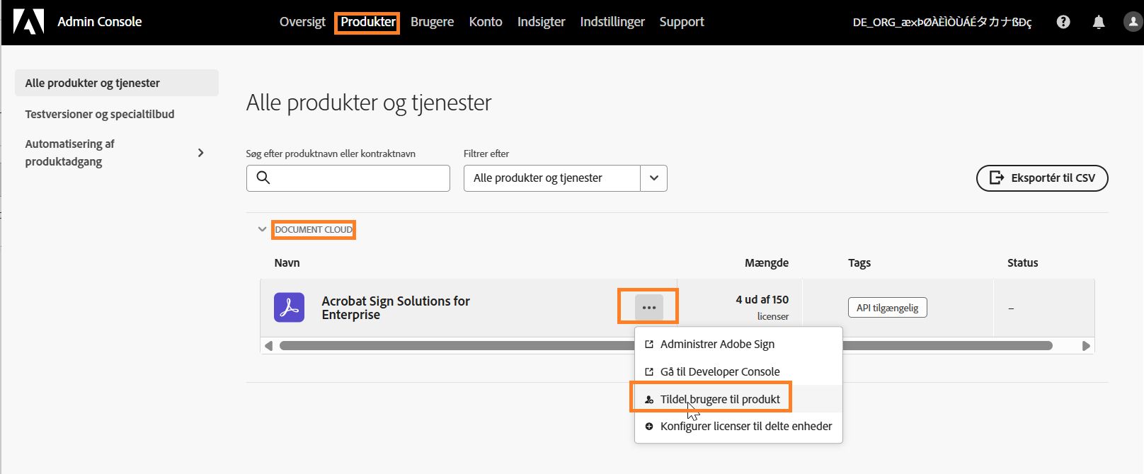 Produktsiden med fremhævelse af Acrobat Sign-tjenesten