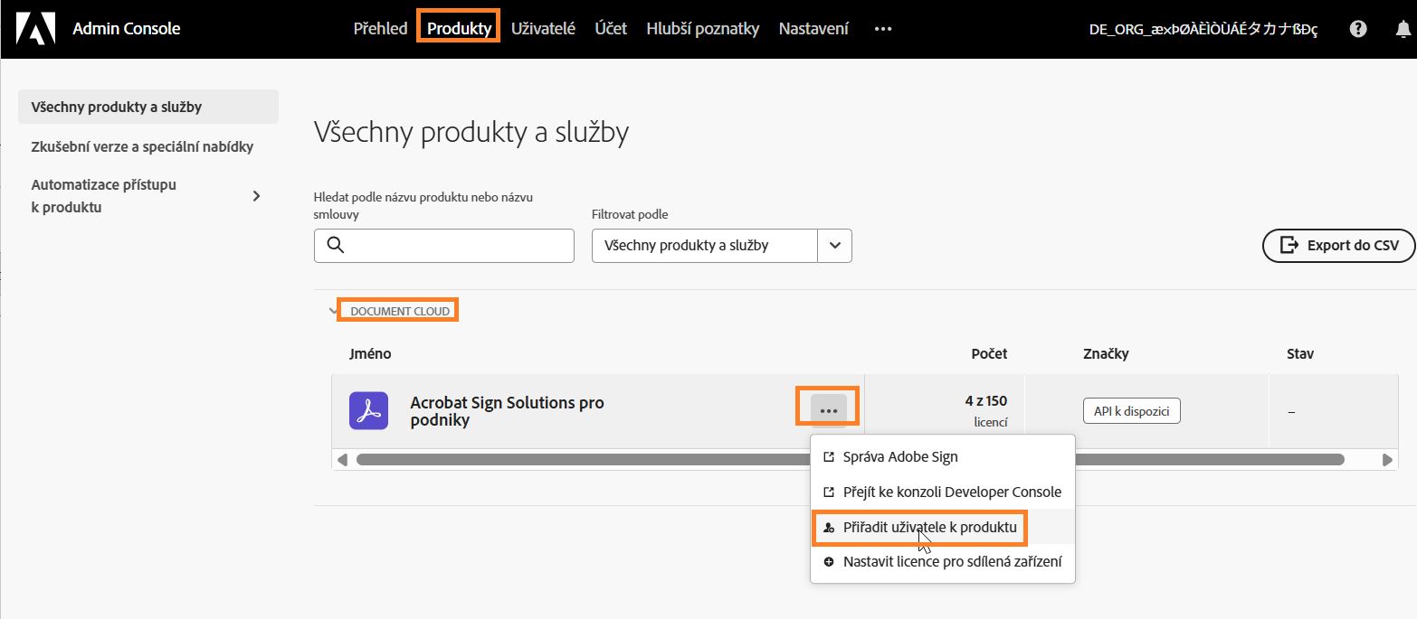 Stránka Produkty se zvýrazněnou službou Acrobat Sign