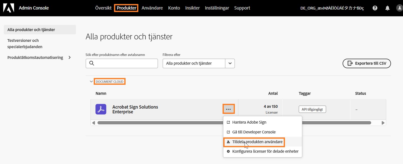 Produktsidan som markerar Acrobat Sign-tjänsten
