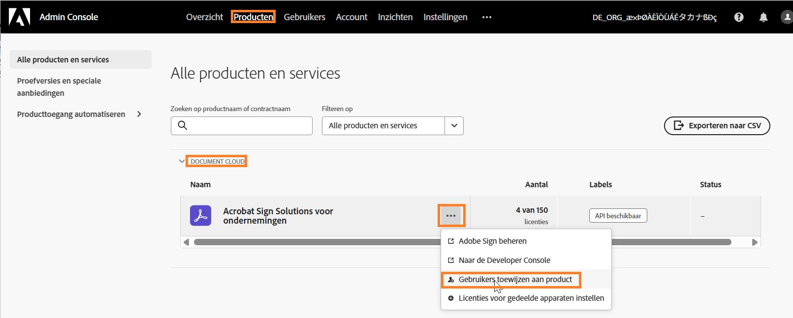 De productpagina met de Acrobat Sign-service gemarkeerd