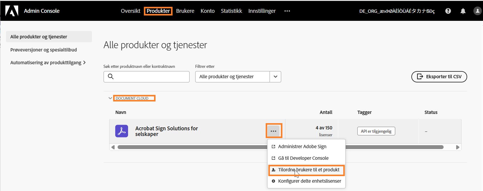 Produktsiden som fremhever Acrobat Sign-tjenesten