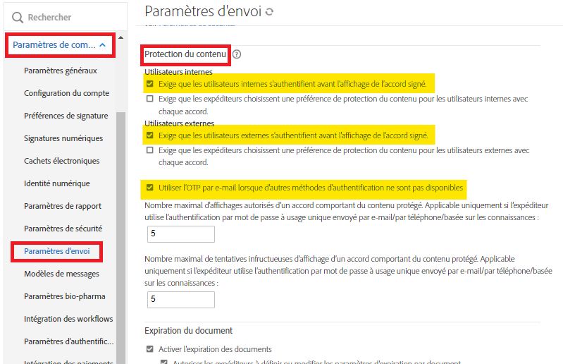 Menu administrateur Paramètres d’envoi mettant en évidence les commandes Protection du contenu